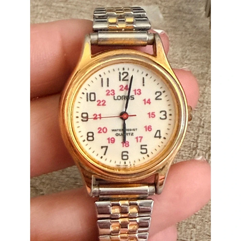 Vintage Lorus Quartz Watch Japan Movt Gold Tone 24 Hour Dial Stretch Band